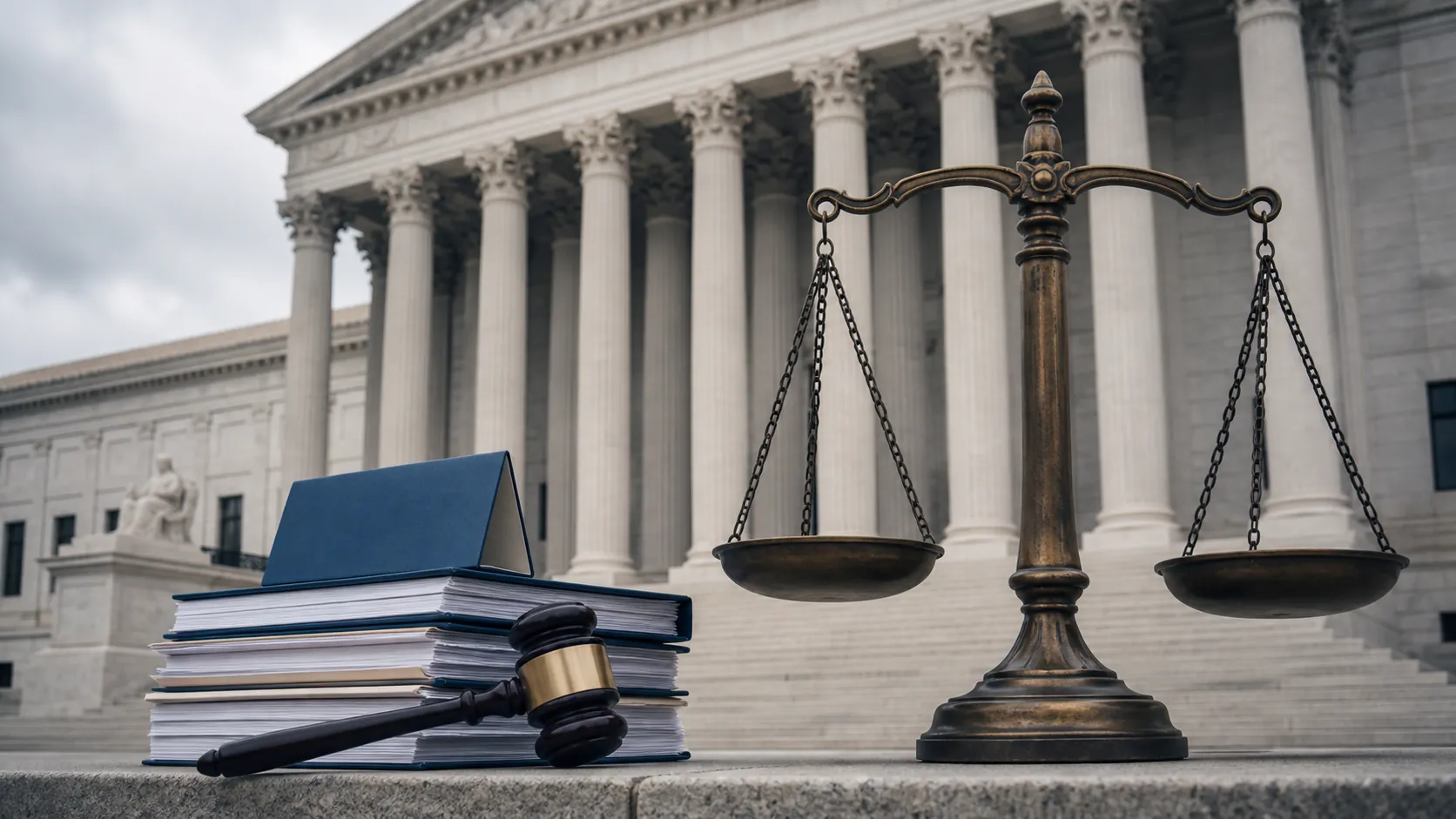Federal courthouse steps with scales of justice, health-policy documents, a Medicaid eligibility card, and a gavel