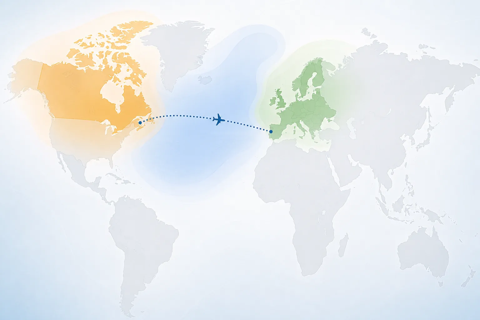 Map showing Canada, international routes, and Europe as separate passenger-rights zones