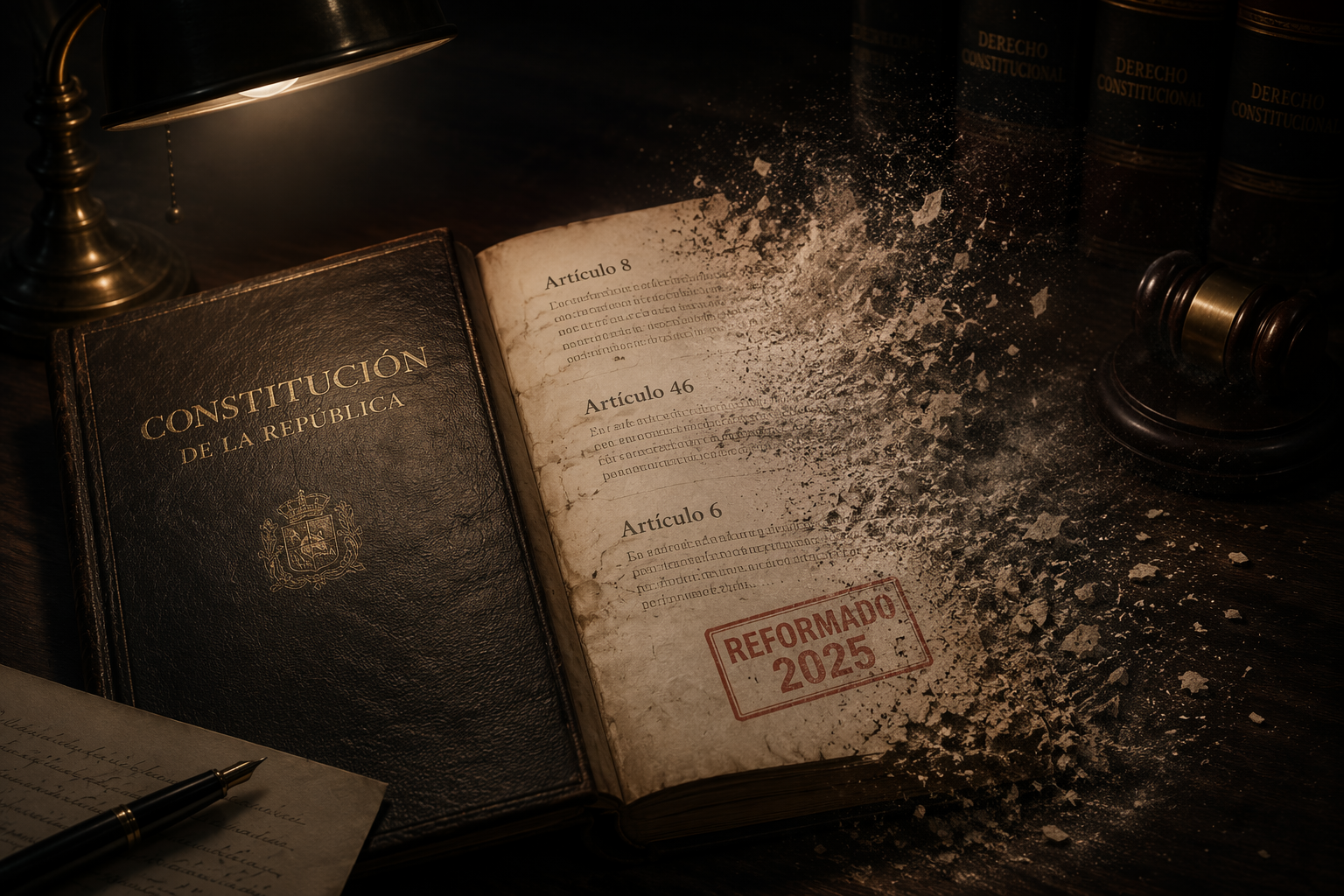 Open constitution book with crumbling article pages marked Article 8, Article 46, Article 6, and a 2025 reform stamp