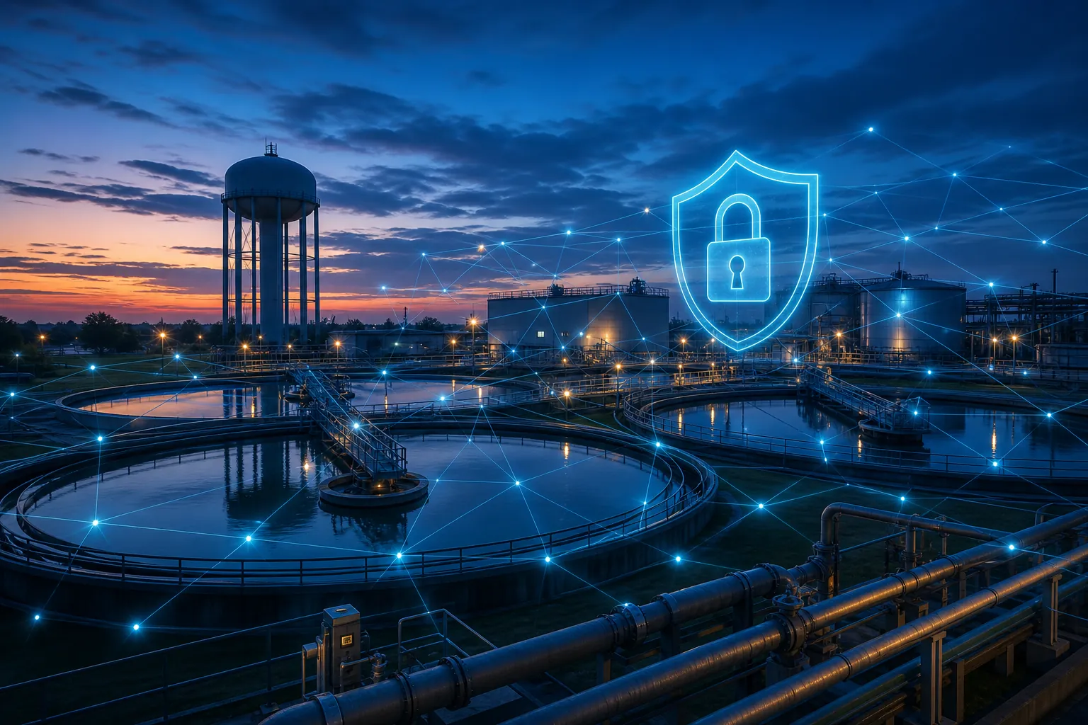 Municipal water treatment plant with a digital cybersecurity grid and shield motif