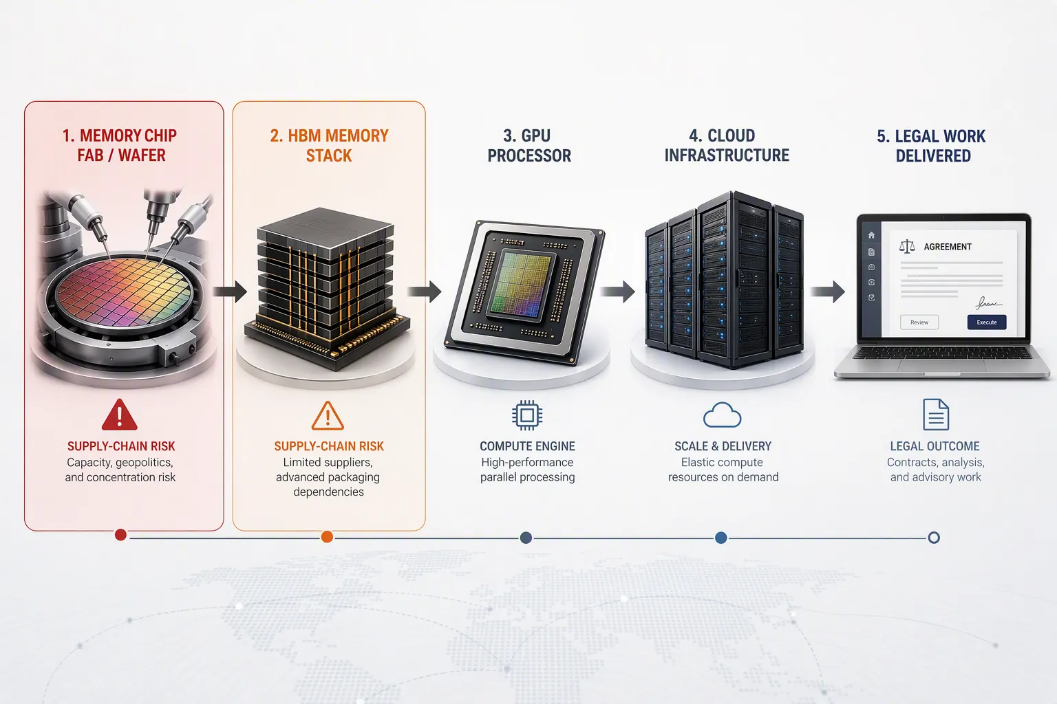 Flow from memory fabrication to HBM, GPU, cloud server rack, and legal document on a laptop