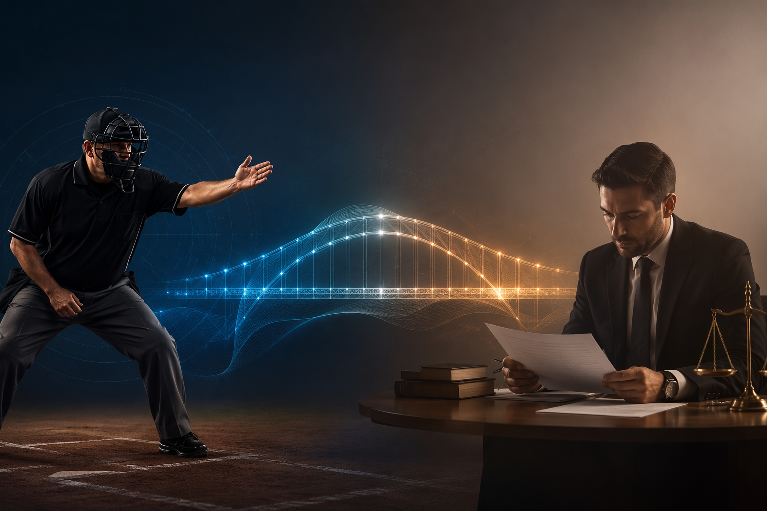 Baseball umpire and legal professional connected by a glowing bridge