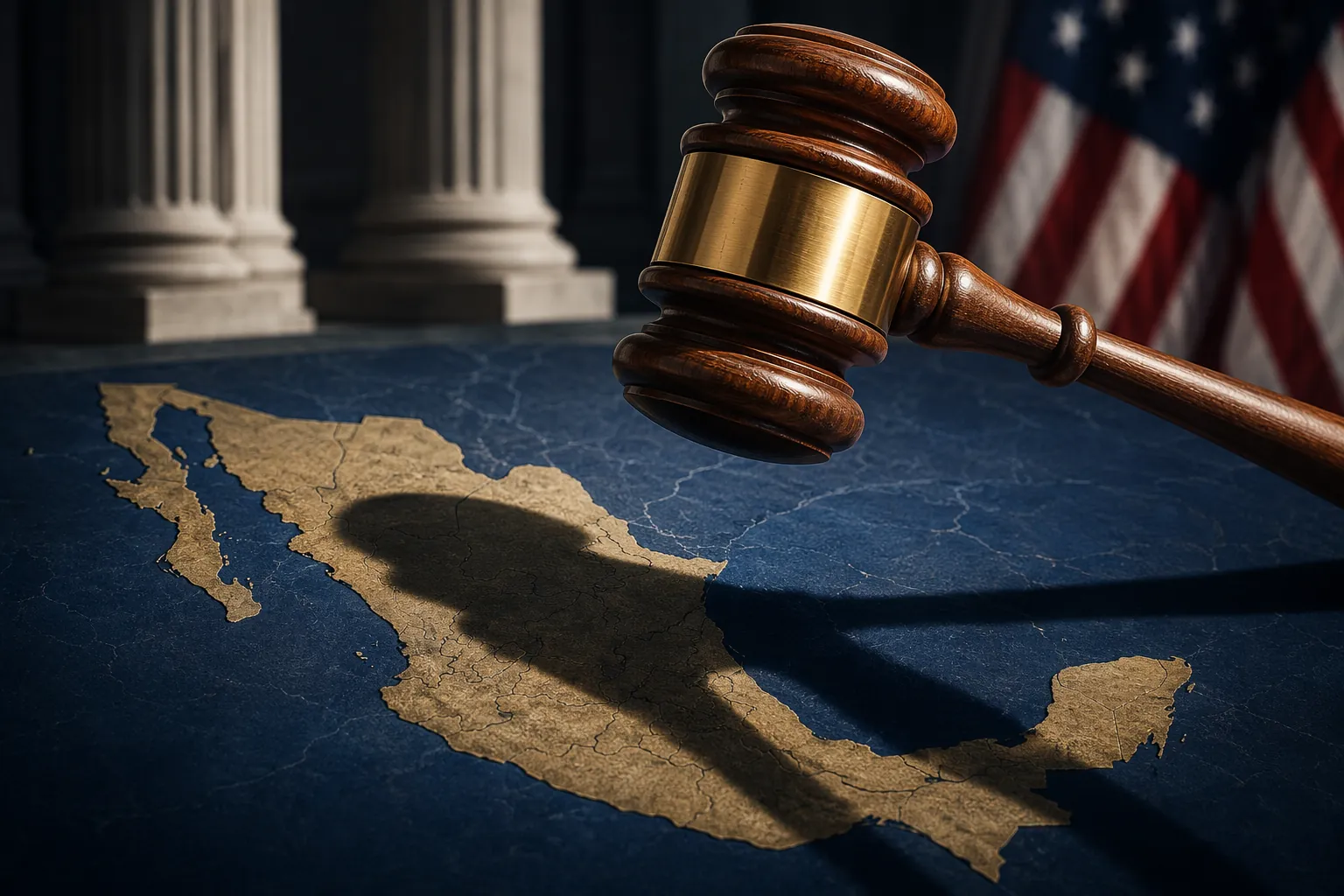 Judge's gavel casting a shadow across a stylized map of Mexico with courthouse columns and an American flag in the background
