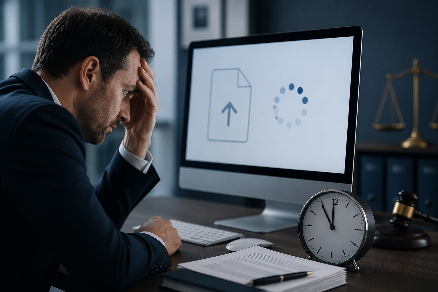 Professional facing a stalled document upload interface near a missed deadline