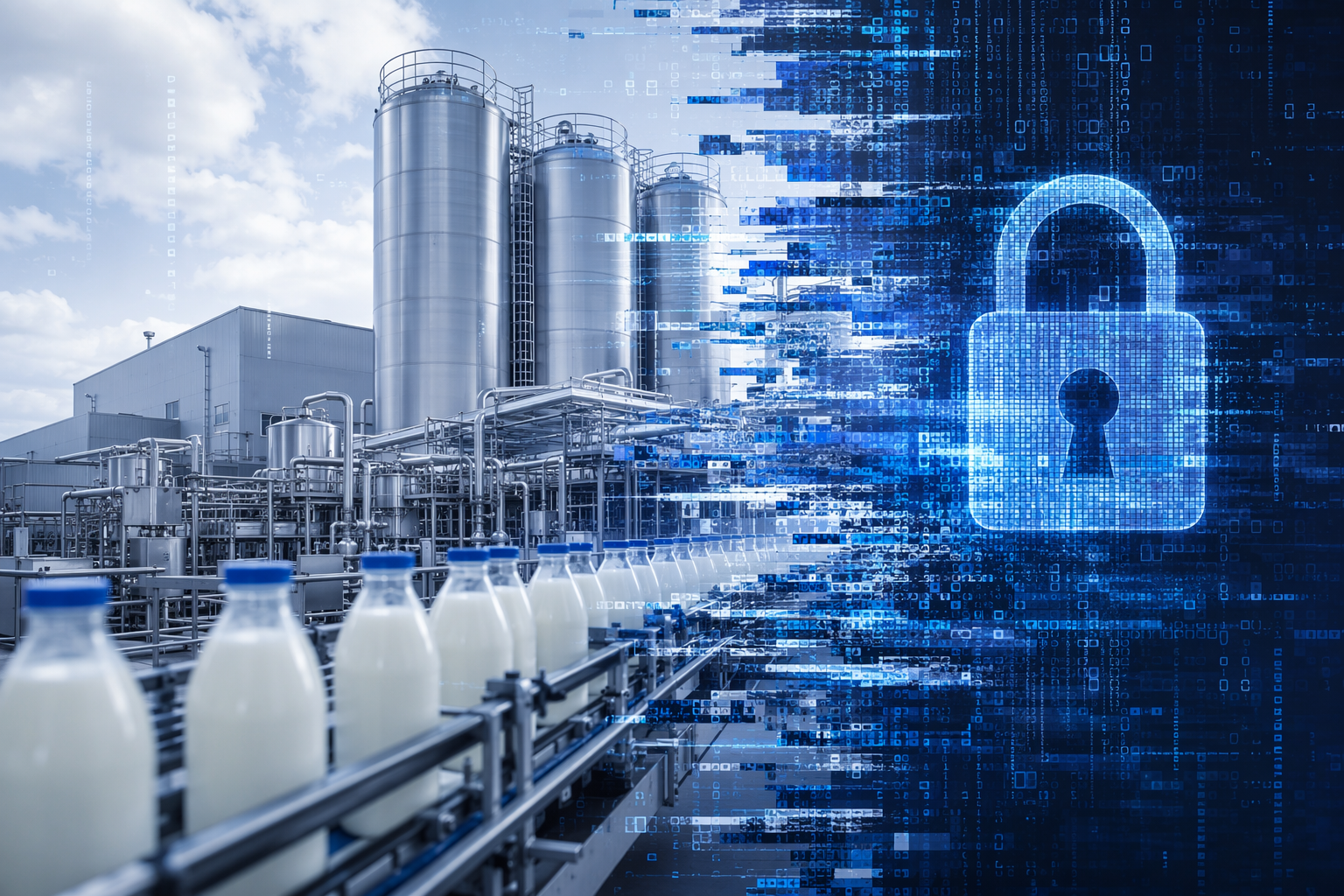 Dairy production facility overlaid with digital glitch effects and a padlock, suggesting ransomware disruption to dairy operations