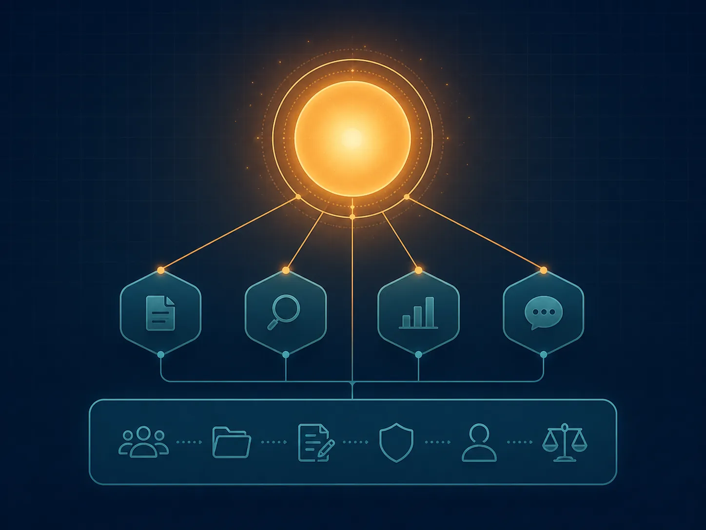 Abstract system map with one central model node connected to several legal AI tool nodes