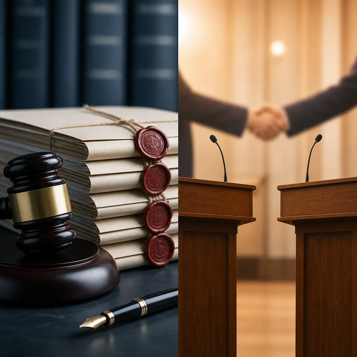 Split image contrasting sealed legal documents with political podiums and a handshake