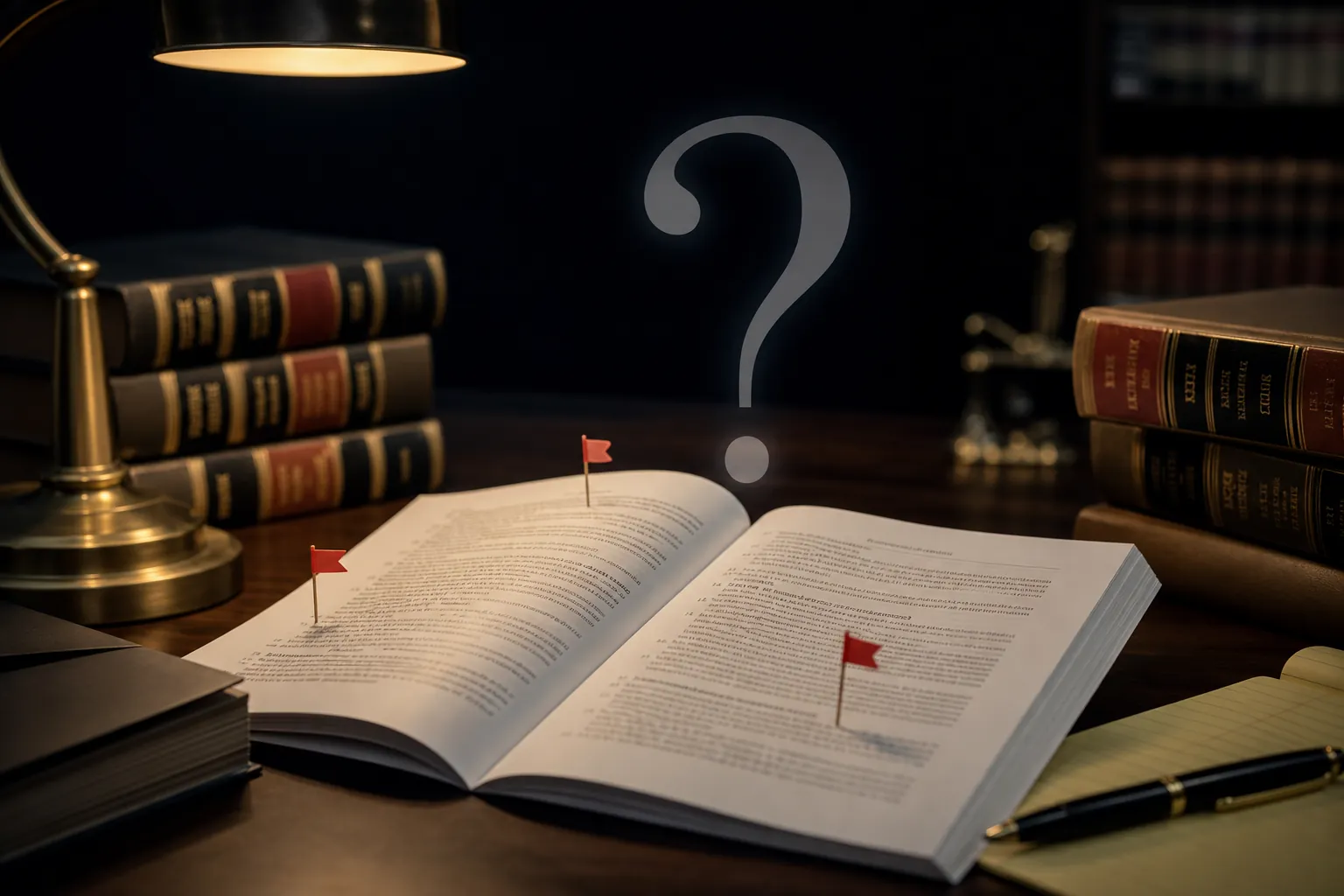 Legal research document with red error flags and a translucent question mark above the page