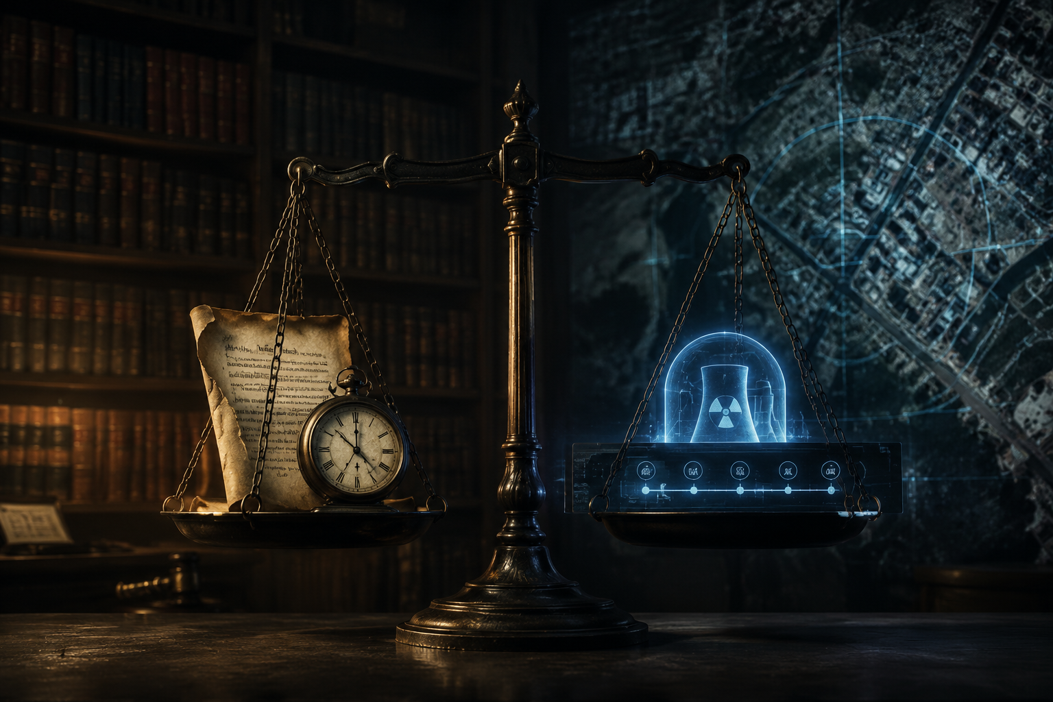 Balance scale weighing an old legal document and clock against a nuclear warning symbol and digital countdown
