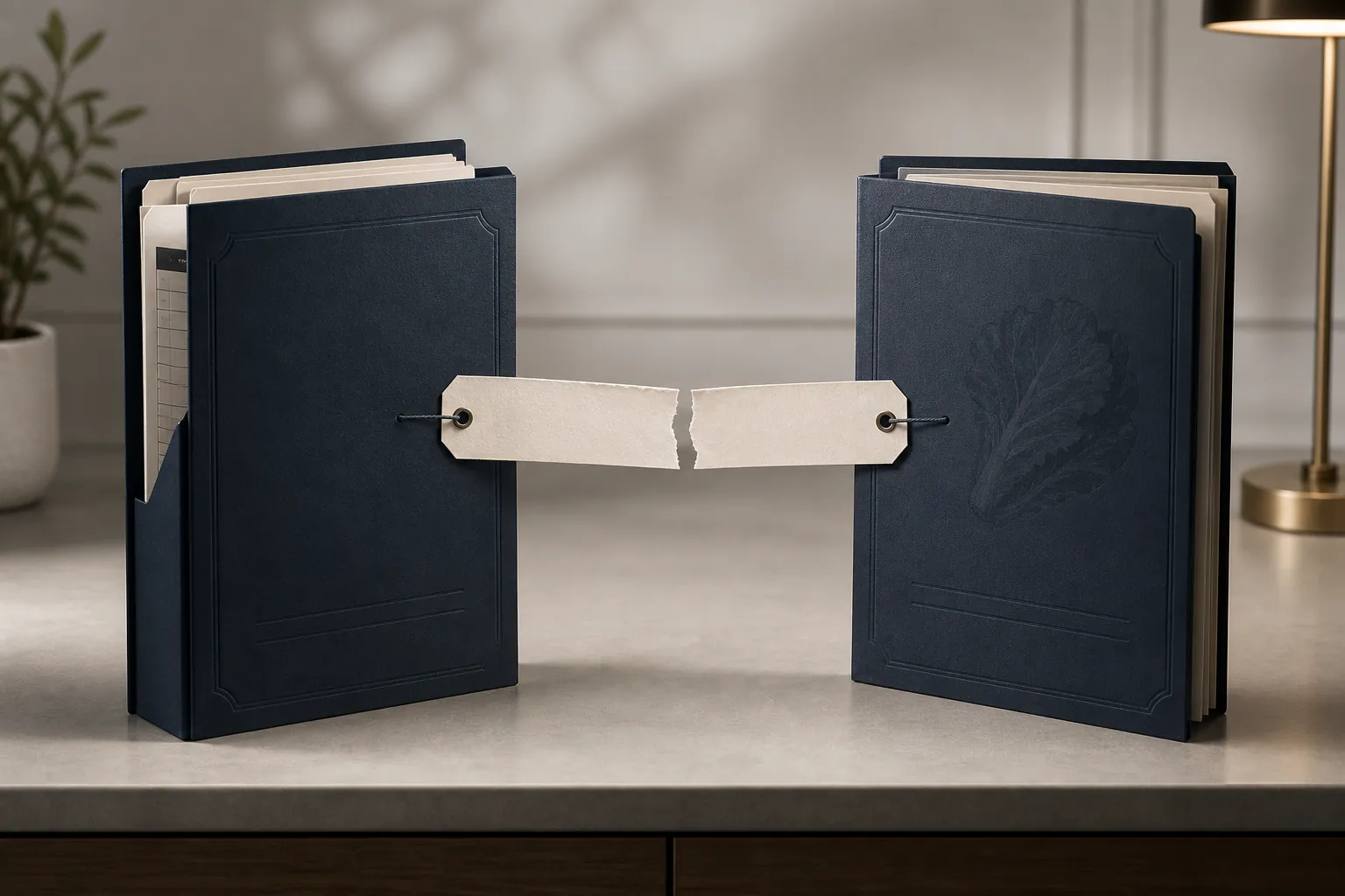 Two separate legal case folders on a desk, one marked by financial records and one by a lettuce watermark