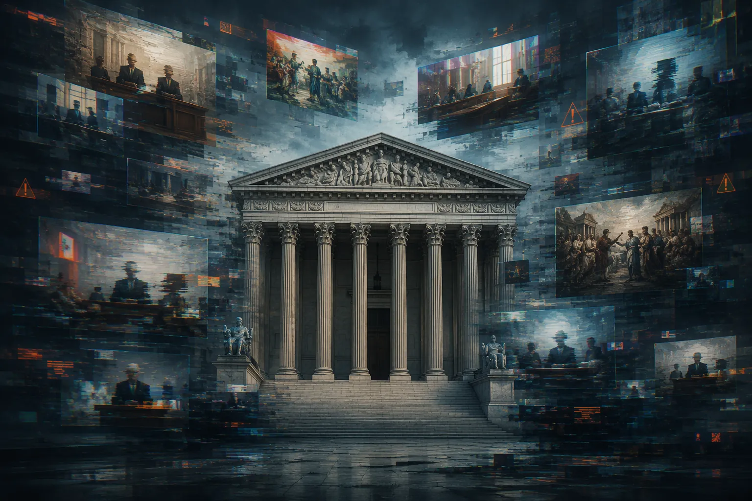 Courthouse surrounded by distorted AI-generated digital artifacts