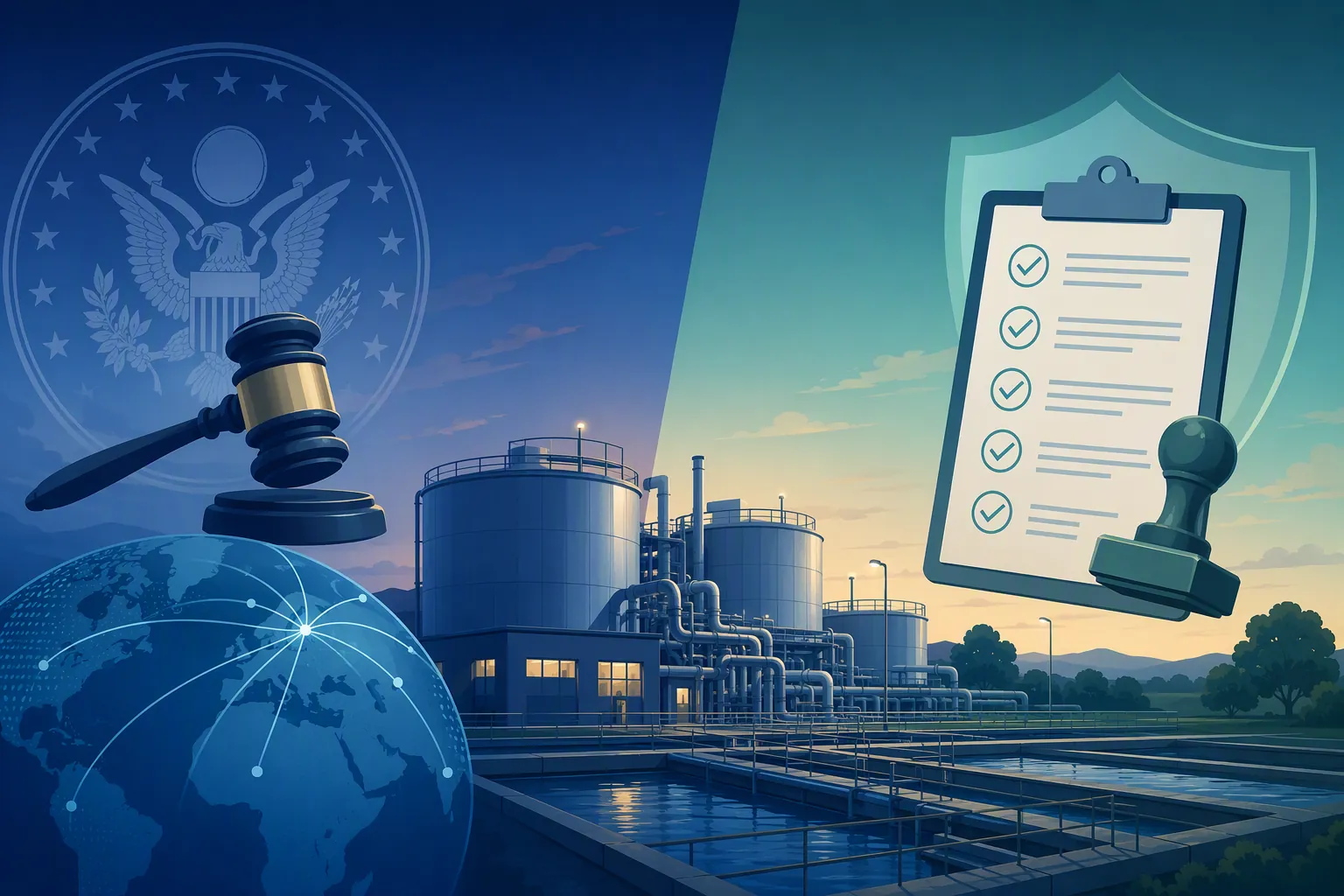 Water treatment facility illustration showing sanctions and bounty tools on one side and utility compliance duties on the other