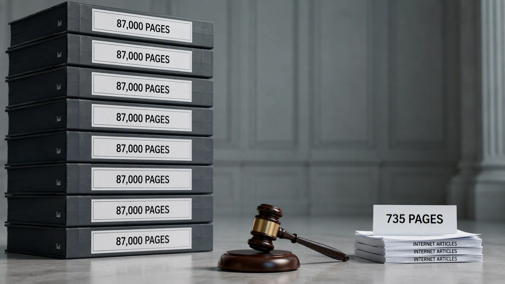 Two document piles compare 87,000 pages with 735 pages beside a courtroom gavel