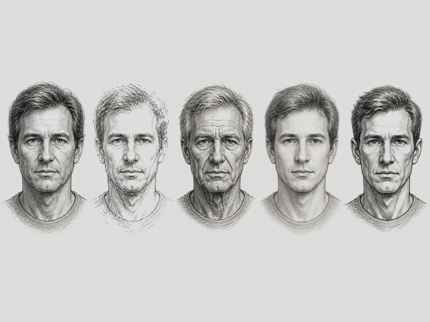 Five grayscale sketch portraits of the same man in visibly different artistic styles, illustrating divergent age progressions