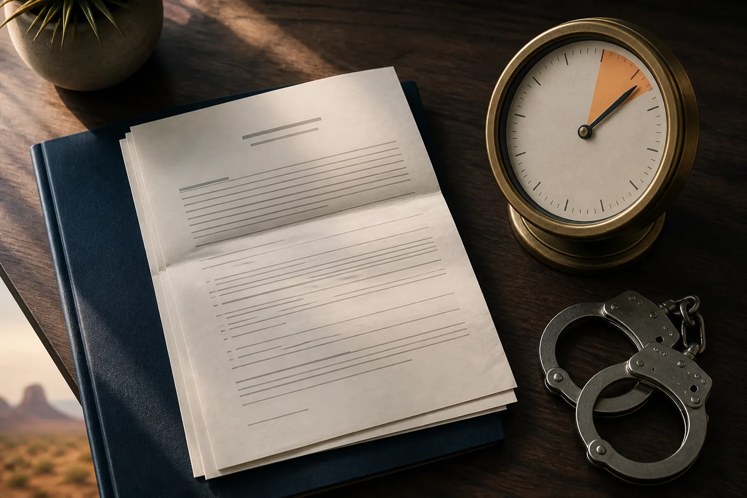 Folded legal claim document, handcuffs, and a brass clock on a dark desk