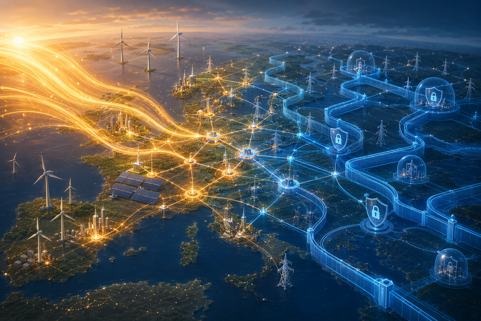 European energy grid landscape with digital flows guided by regulatory guardrails