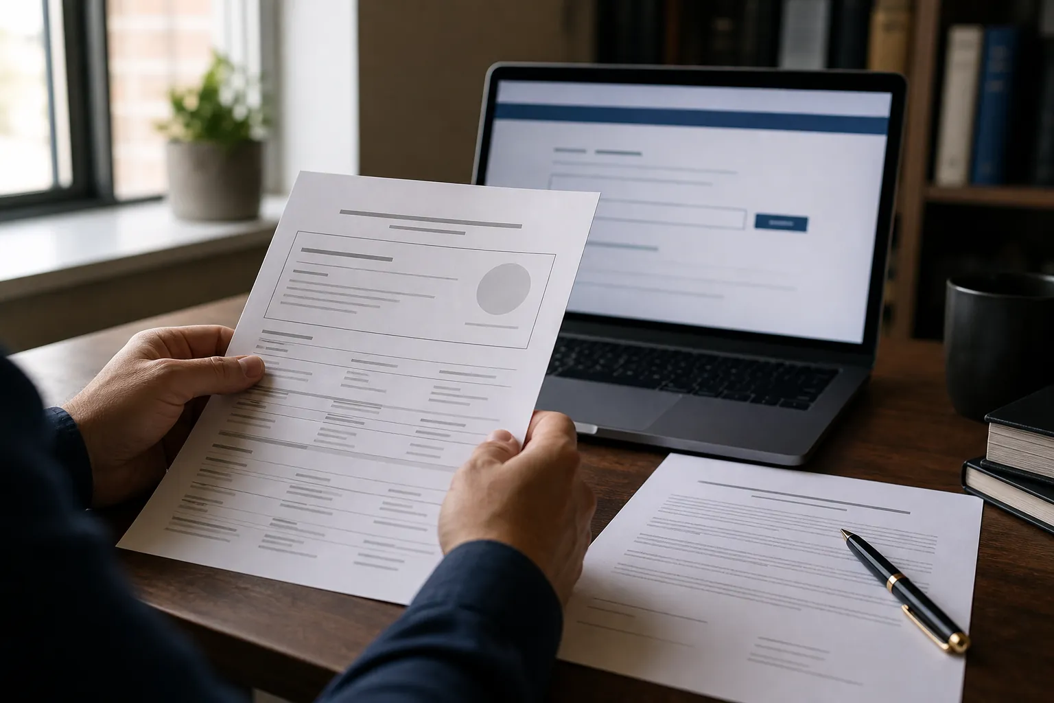 Hands holding a printed license-status verification document beside a retainer agreement and a bar-search page on a screen