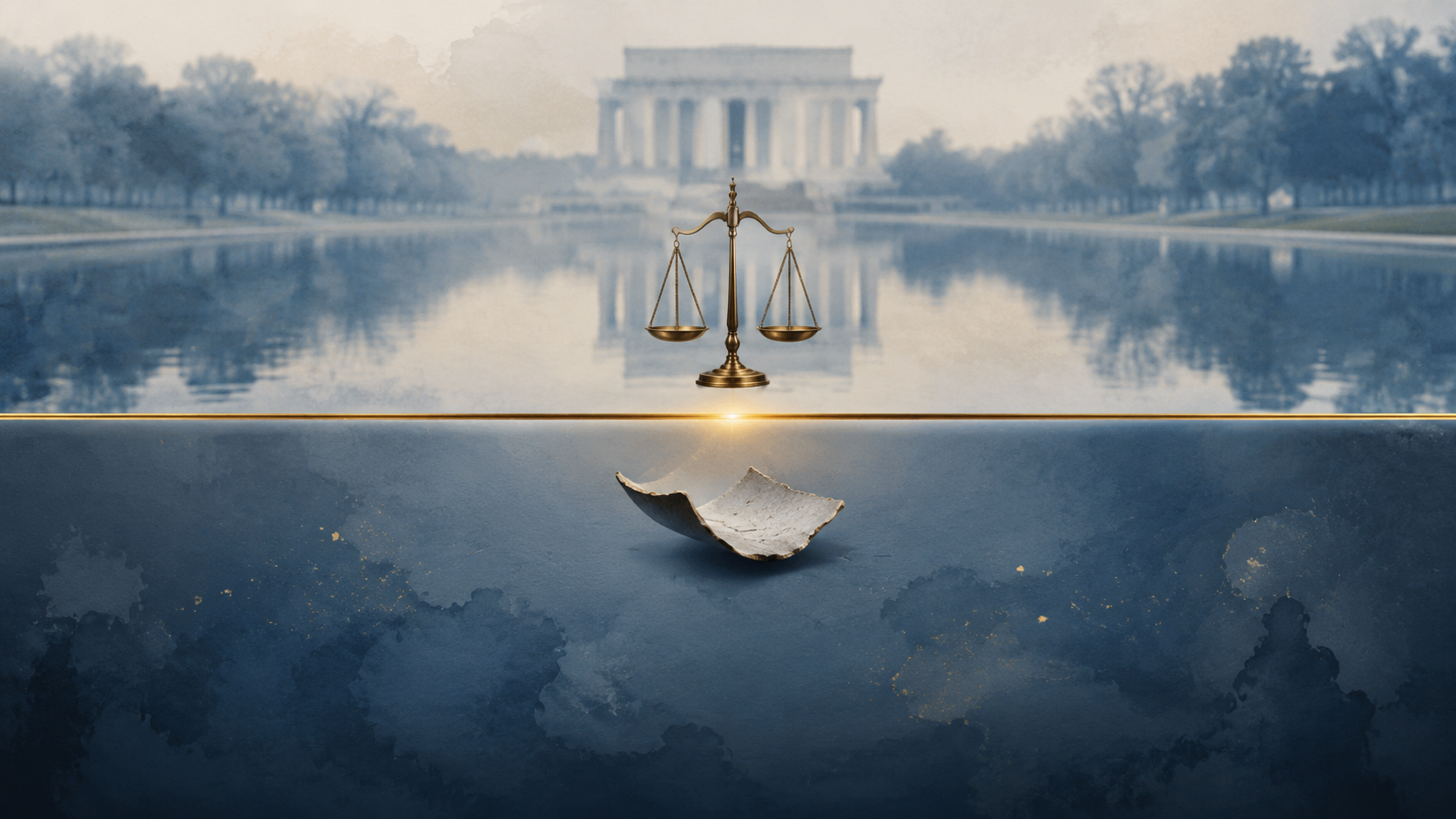 Conceptual illustration of a small piece of blue sealant below a legal threshold line near the Lincoln Memorial Reflecting Pool