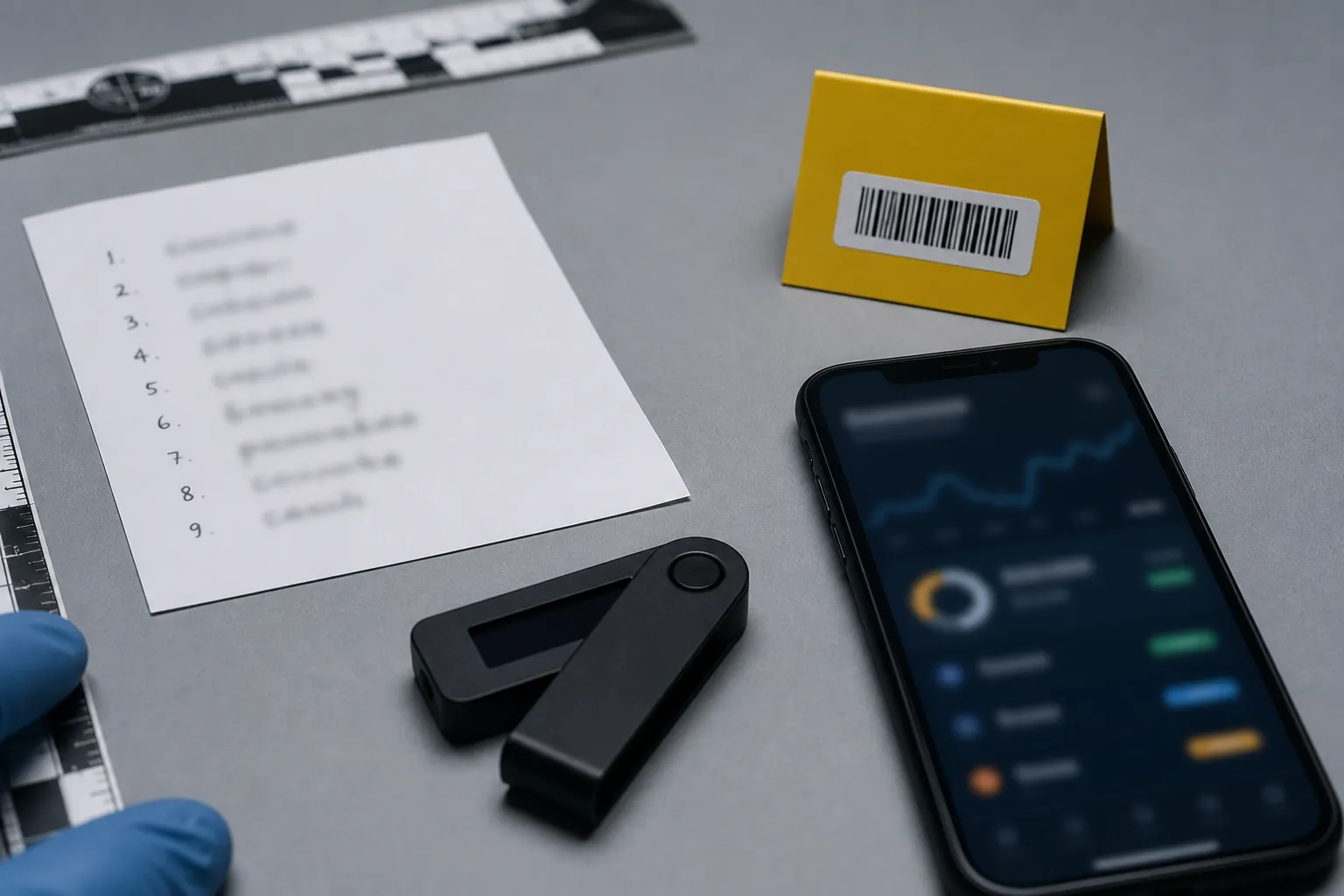 Seized digital evidence on a gray table, including a hardware wallet, blurred recovery phrases, smartphone, and evidence tag