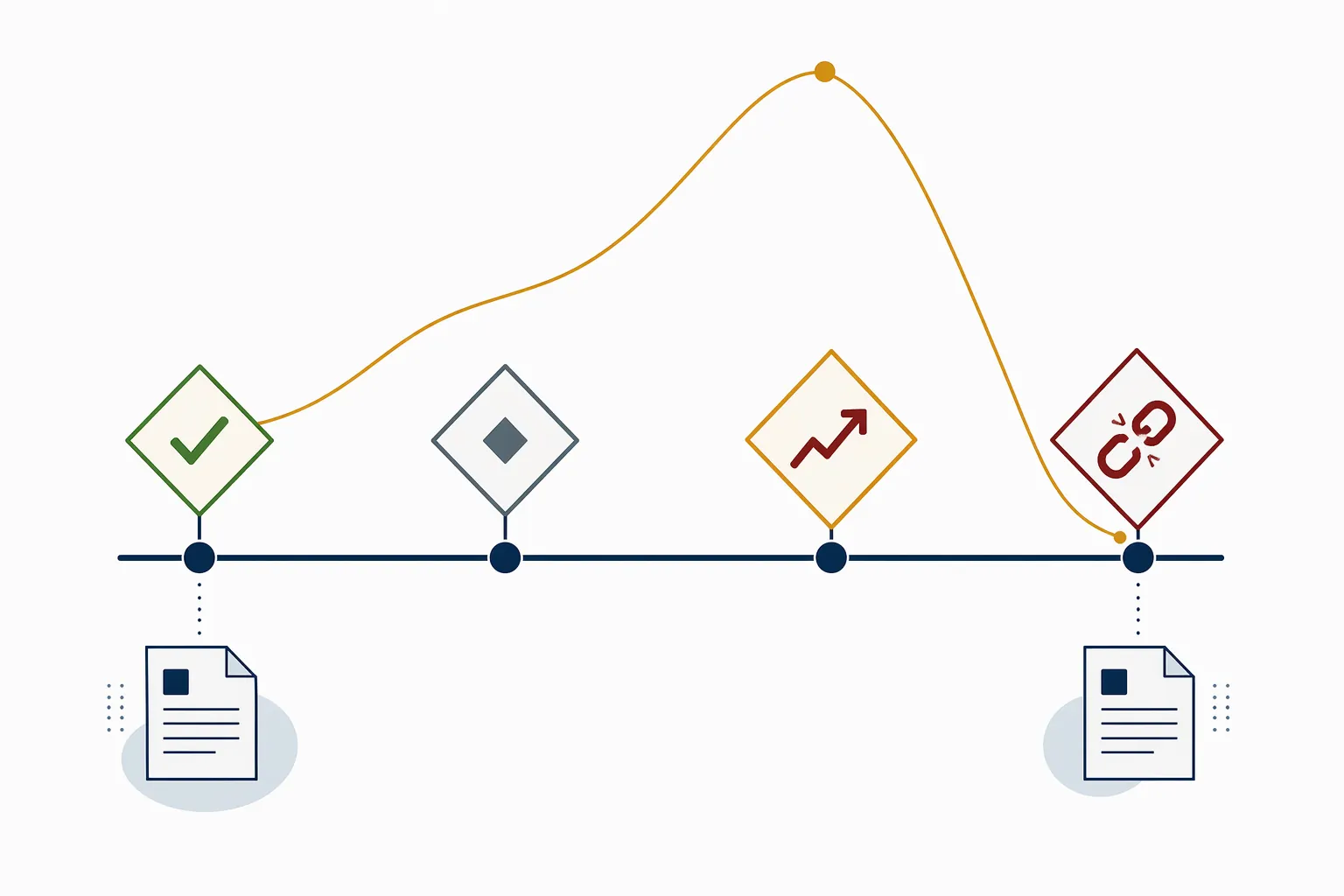 Timeline showing contract approval, cost escalation, and project failure markers