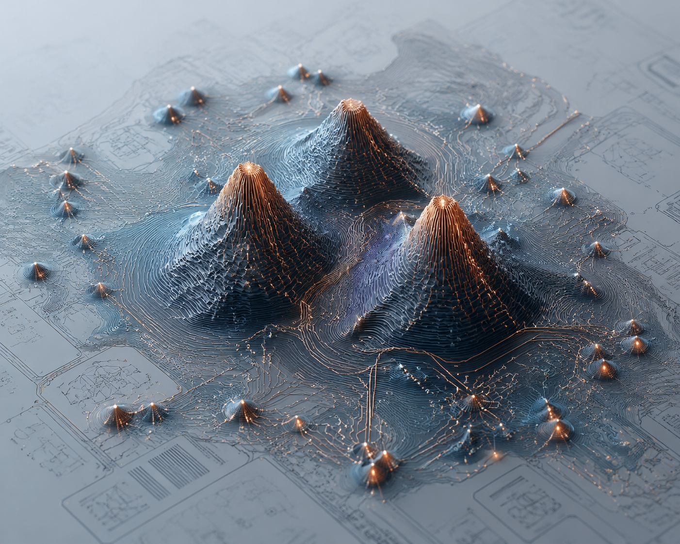 Topographical patent landscape visualization with three dominant incumbent peaks and smaller startup nodes