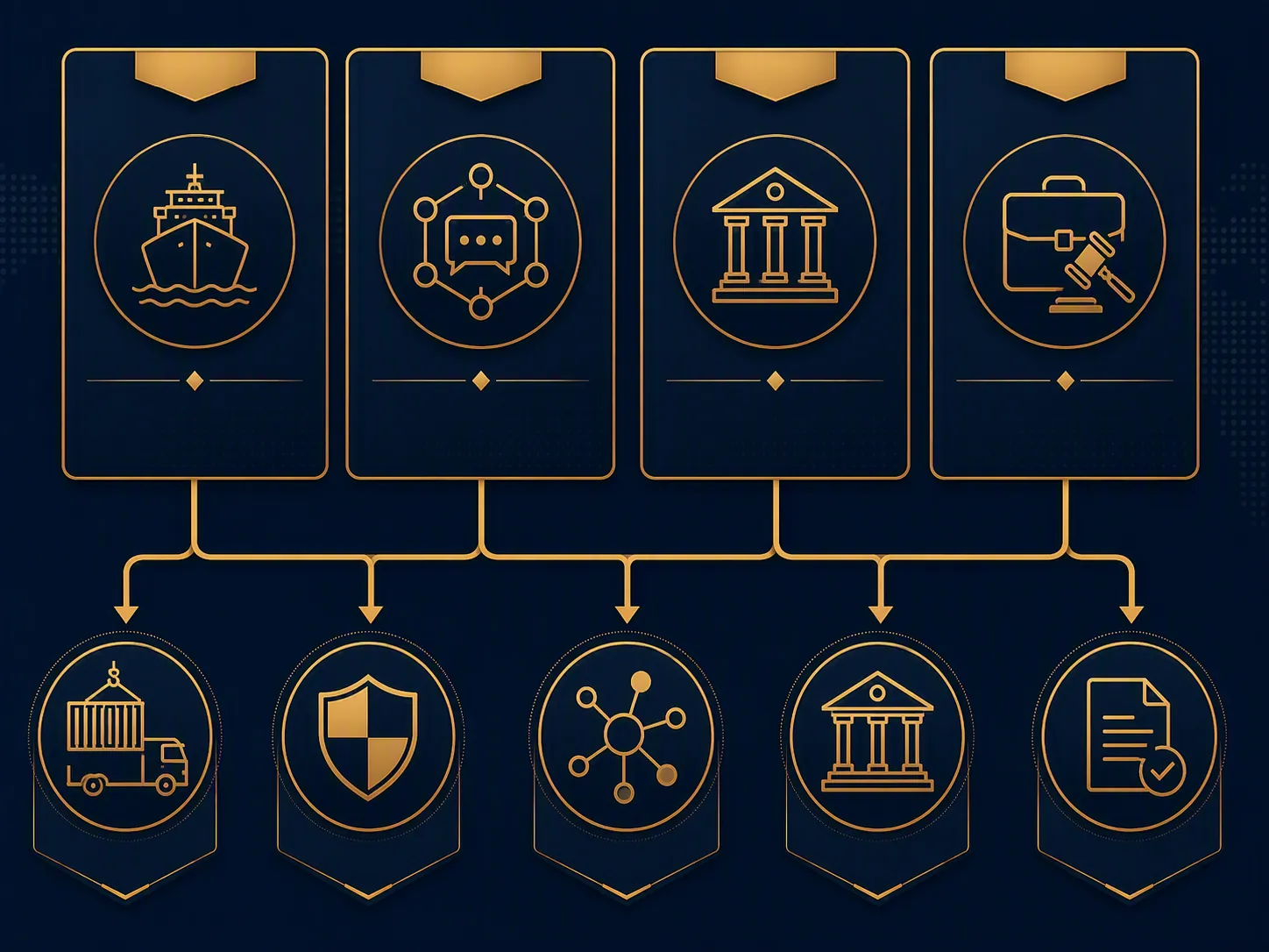 Infographic showing four statutory sanctions mechanisms flowing into logistics, insurance, financial messaging, banking, and professional services sectors