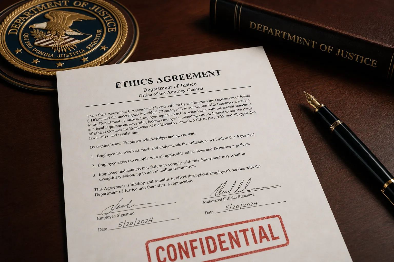 Formal legal ethics agreement document on a Department of Justice desk