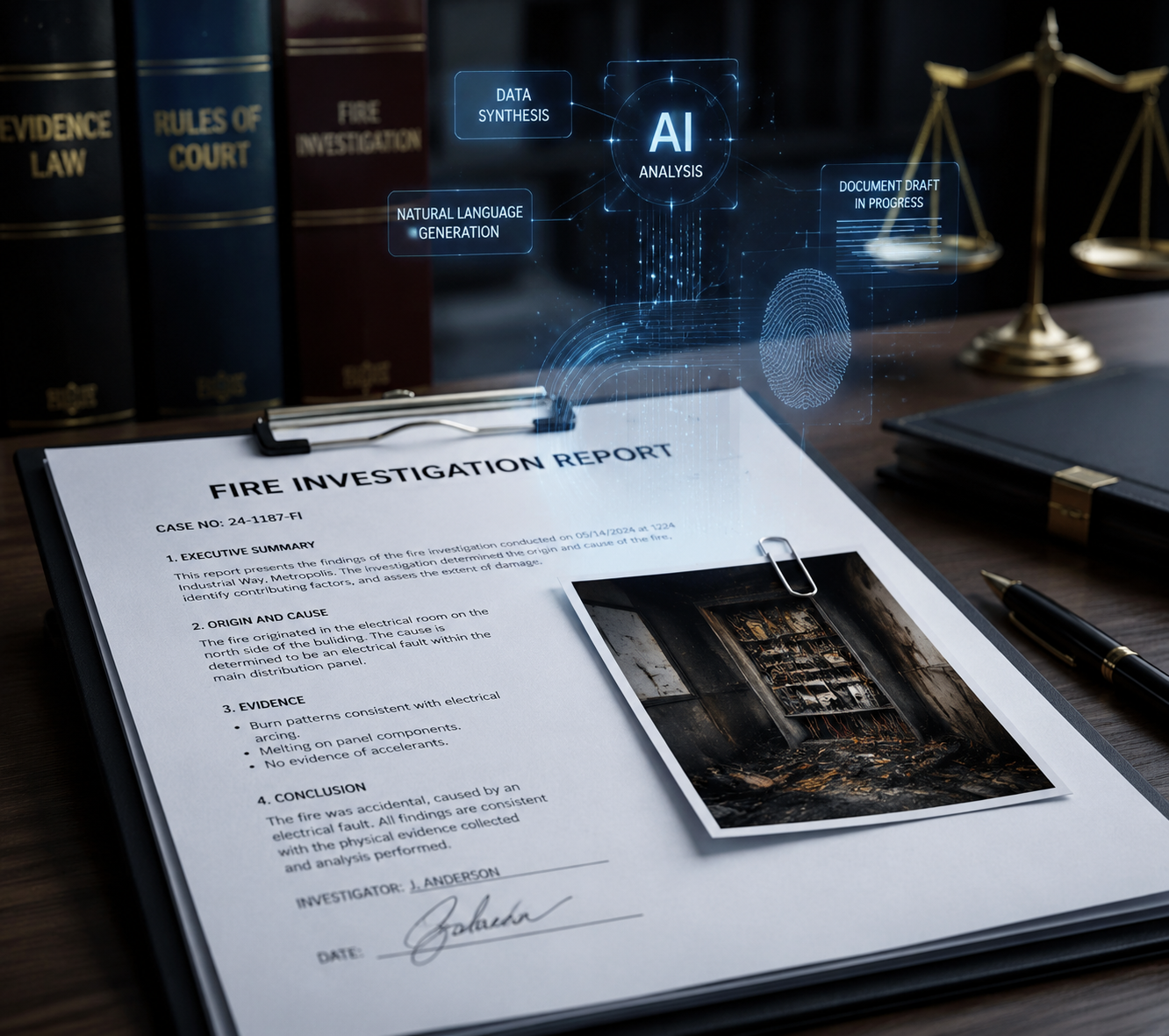 AI-assisted fire investigation report on a law office desk under digital evidence streams