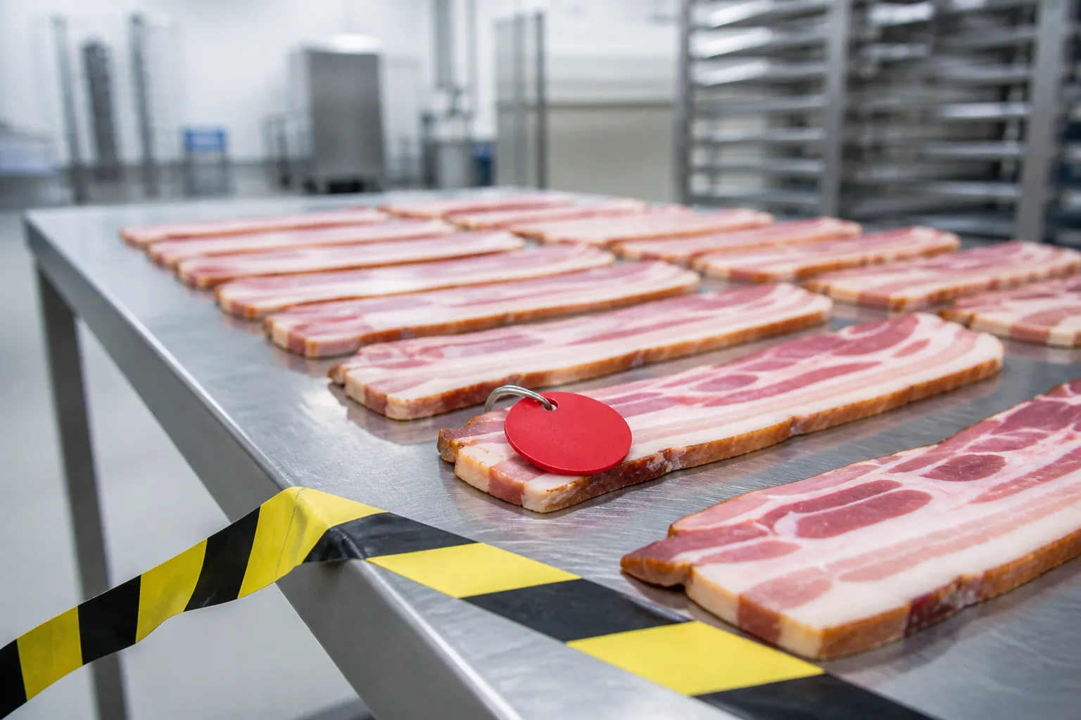 Raw smoked bacon on a stainless steel inspection table with a regulatory hold tag