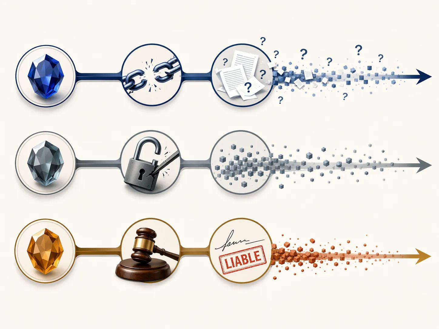 Editorial diagram showing three risk pathways from a gem icon to broken citations, exposed data, and a liability stamp
