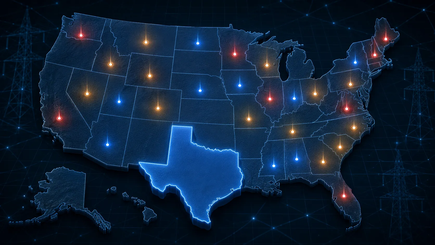 Map of the United States with Texas highlighted and state markers showing different data center legislative stages