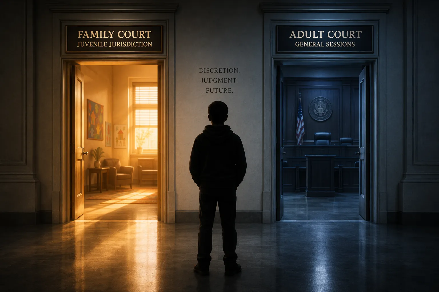A courthouse hallway with separate Family Court and Adult Court doorways and a silhouetted figure between them