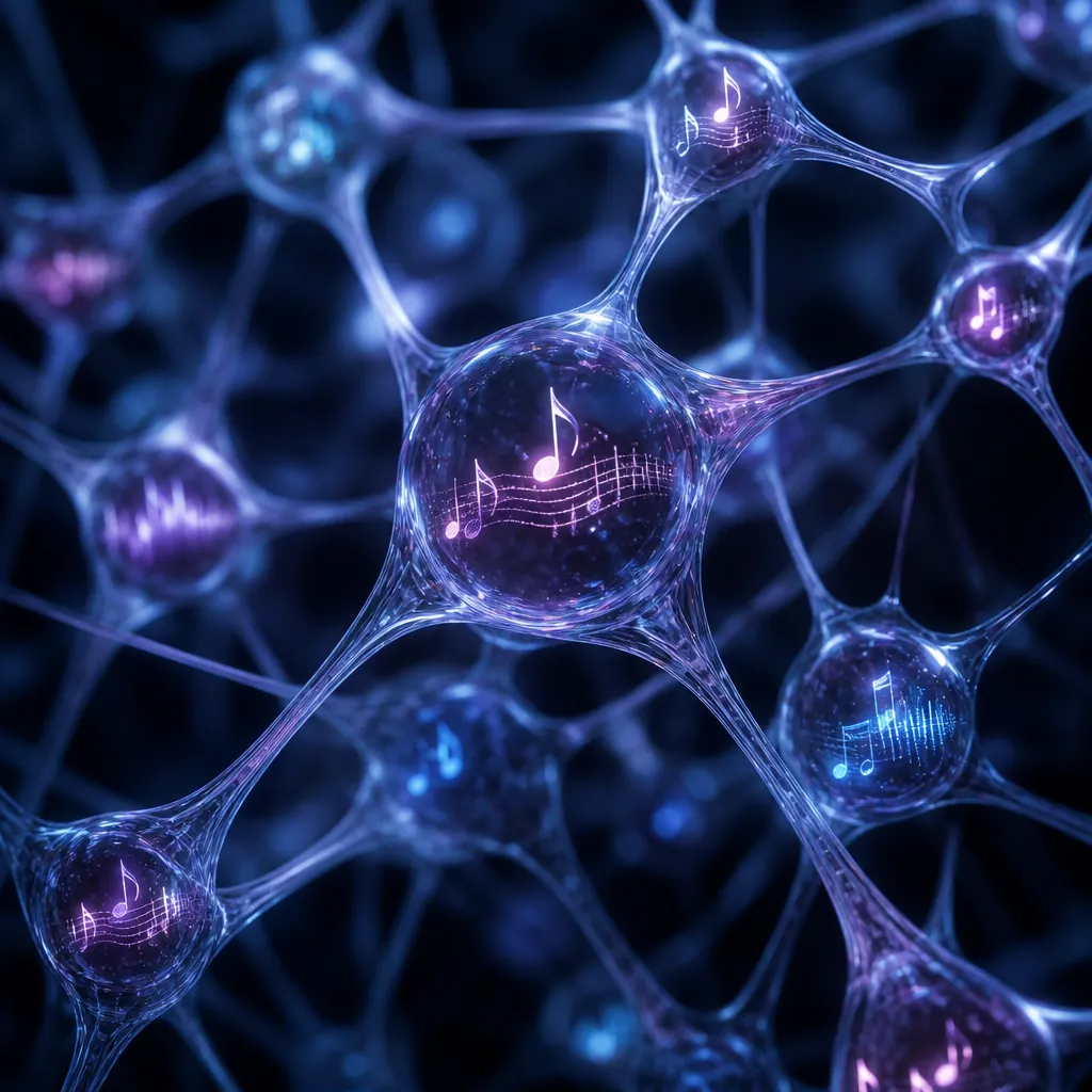 Neural-network lattice with musical notes and audio-wave fragments suggesting song material stored in machine memory