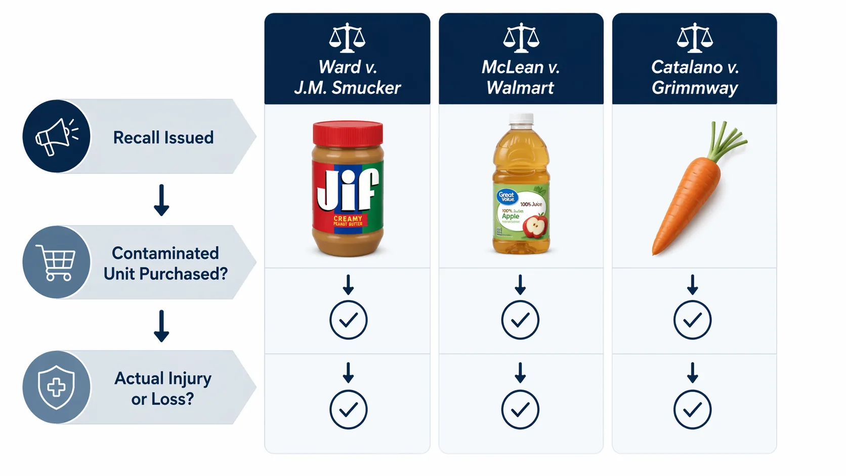Legal framework diagram comparing Ward, McLean, and Catalano food recall standing issues