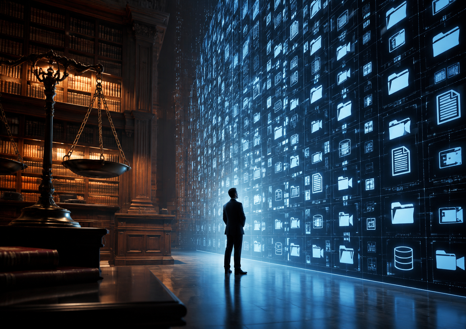 Legal professional standing between a courtroom law library and a towering wall of digital evidence icons