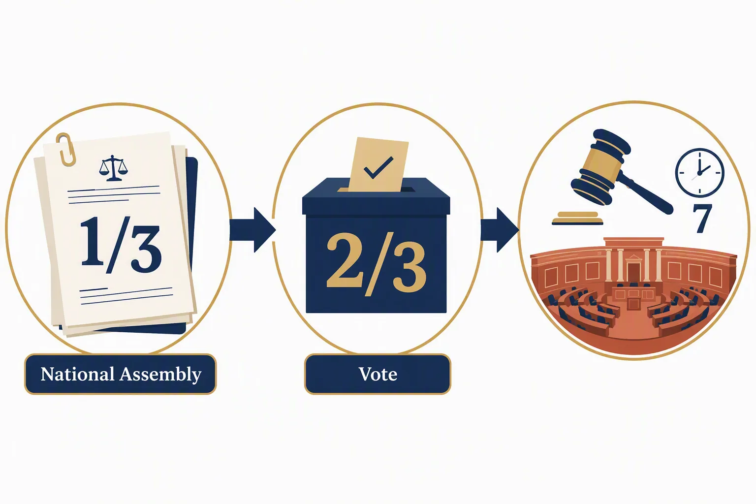 Process diagram showing National Assembly motion threshold, two-thirds vote and Senate stage