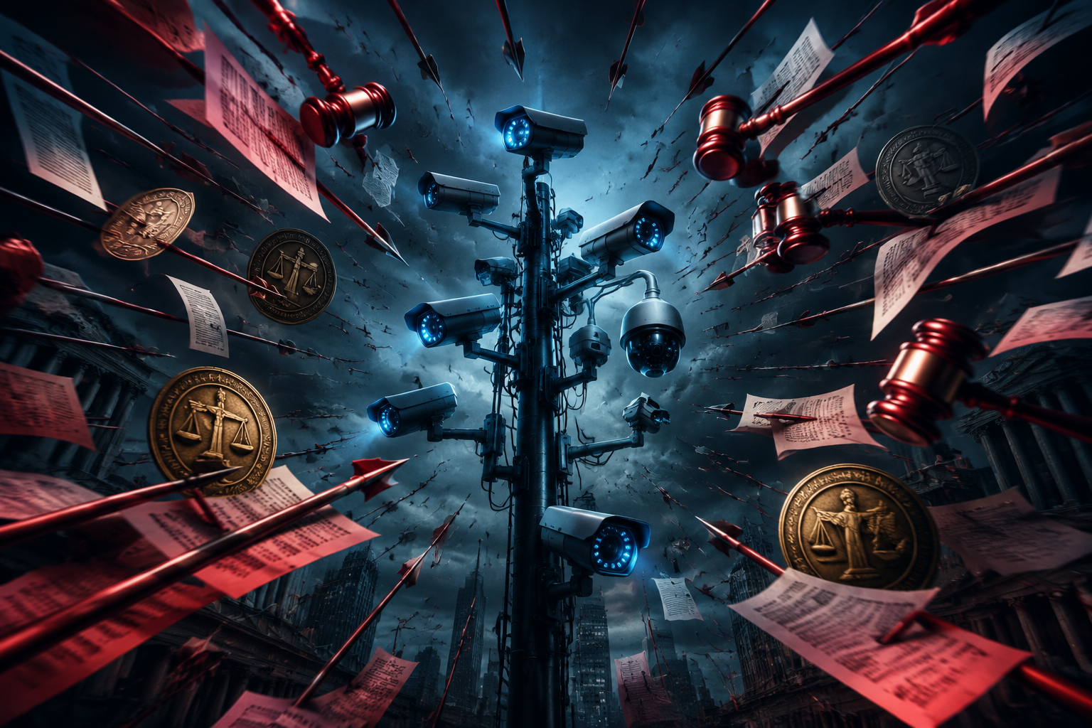 Surveillance cameras surrounded by legal documents, gavels, and court seals