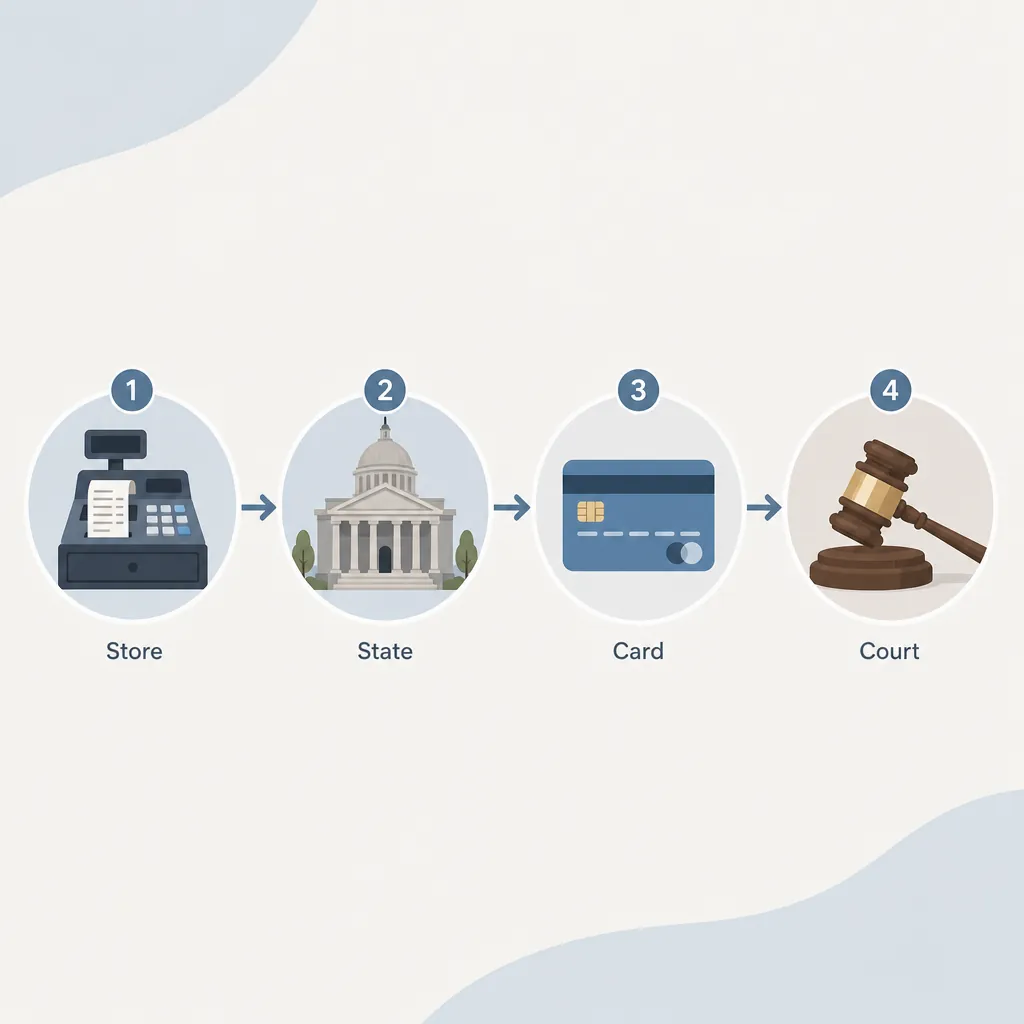 Four-step refund escalation path from store register to state complaint, credit card, and small claims court