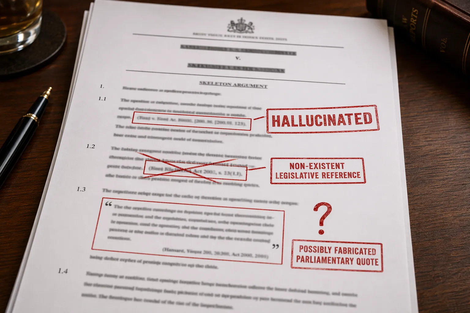 Legal submissions document marked with hallucinated citation, non-existent legislation, and fake parliamentary quote errors