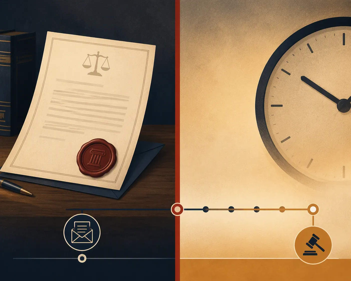 Legal notice document divided from a clock and deadline timeline by a red threshold line