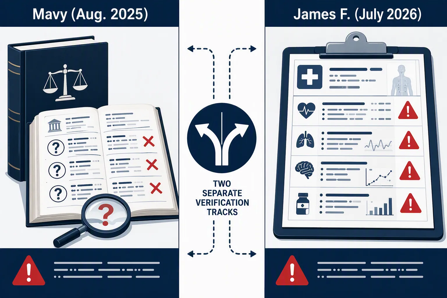 Split comparison of fabricated case citations and fabricated medical-record statements requiring separate verification tracks