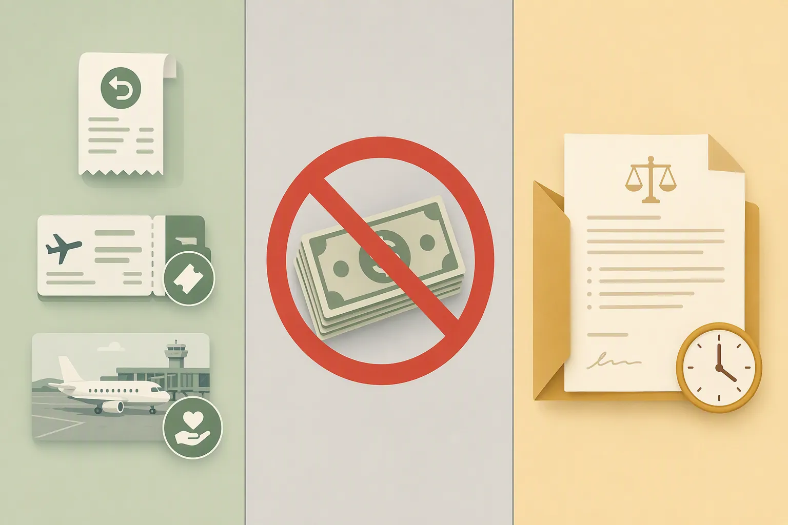 Illustration separating refund, denied boarding, and tarmac care rights from prohibited cash-delay-compensation assumptions and pending legislation
