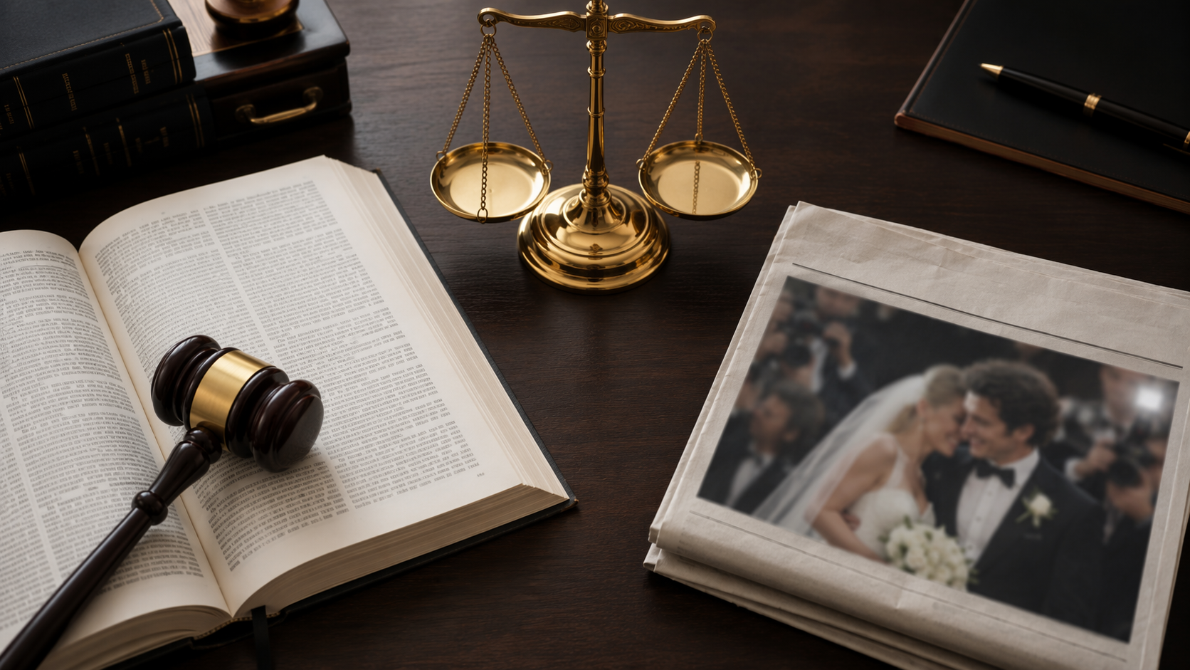 An open law book, tabloid celebrity wedding photo, and brass scale of justice on a lawyer's desk
