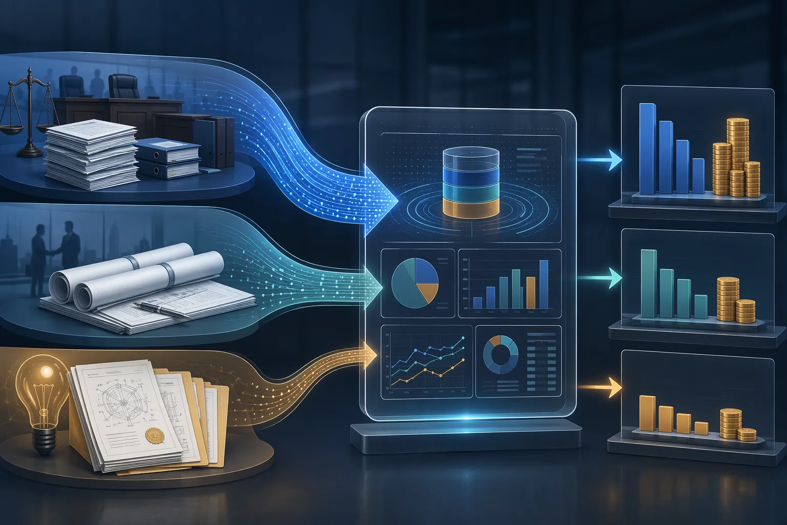 Different legal practice groups feeding usage data into a cost model dashboard