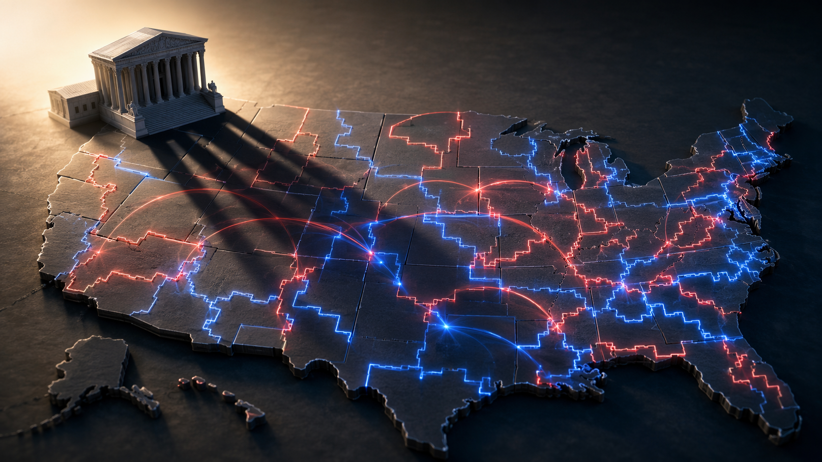 Stylized United States map with red and blue district lines redrawn under the shadow of the Supreme Court