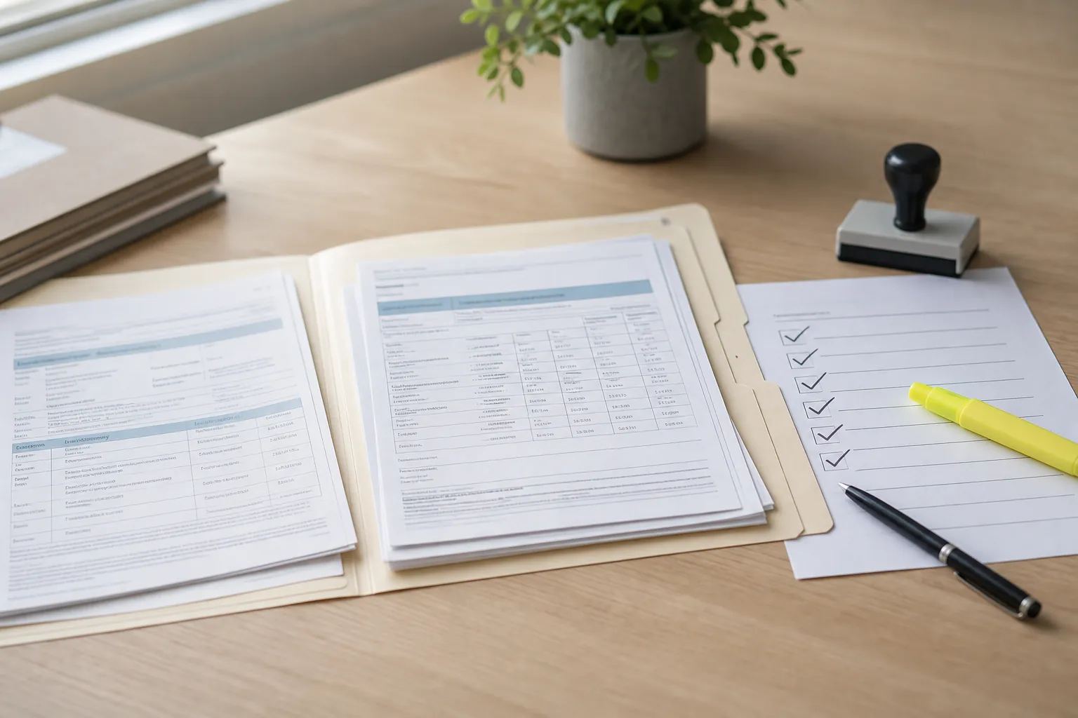 Borrower verification file with printed aid documents, checklist, highlighter, pen, and date stamp on a desk