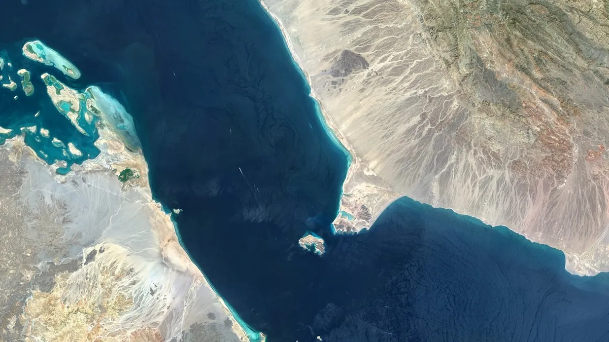 Aerial view of the Bab el-Mandeb strait connecting the Red Sea to the Gulf of Aden