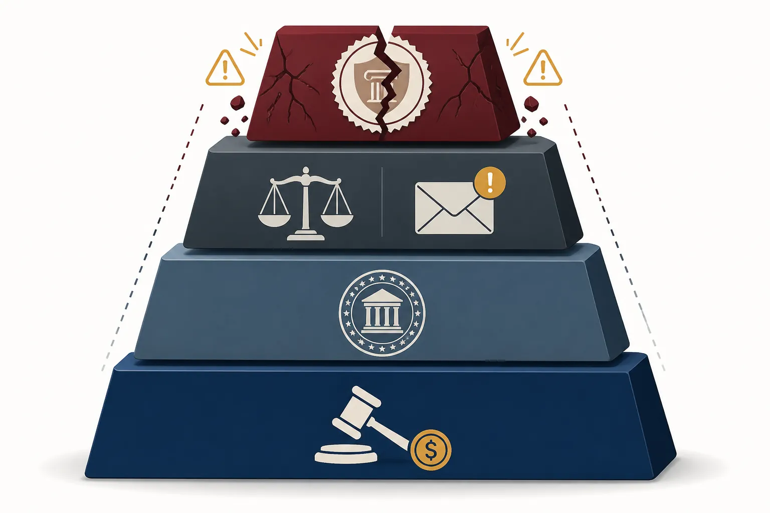 Four-layer infographic showing law firm breach costs: response and ransom, regulatory fines, client notification duties, and privilege and client-loss exposure