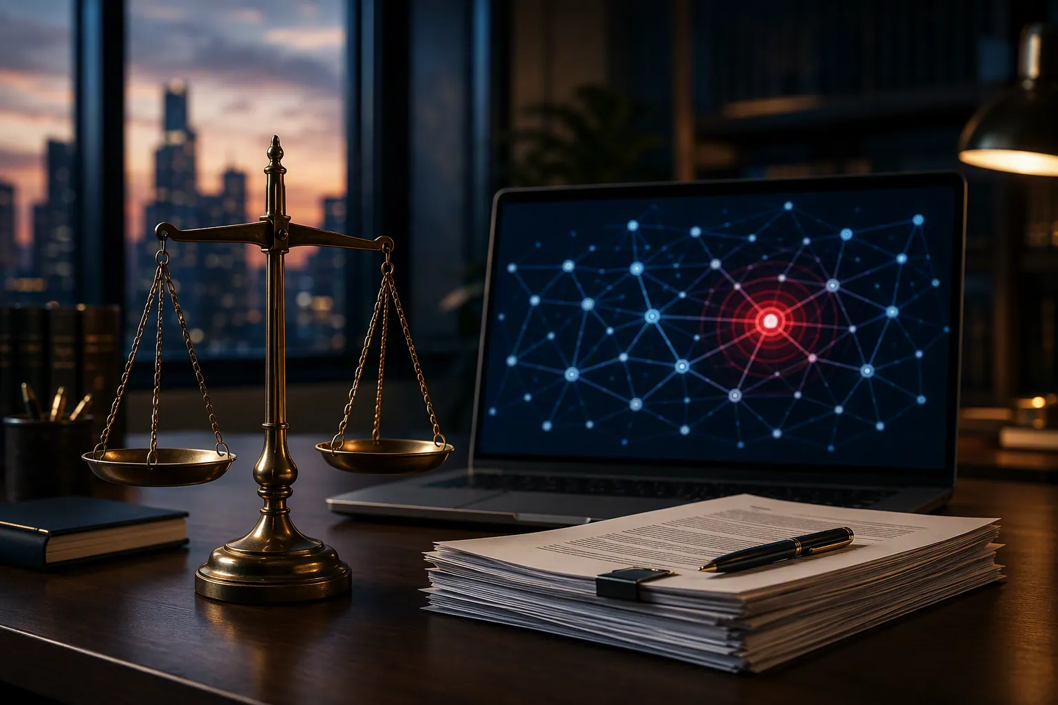 Law-firm desk with scales of justice, legal documents, and a laptop showing a warning node in a network diagram