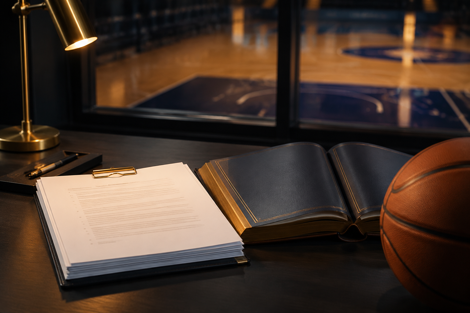 Legal compliance documents and an NBA basketball on a modern desk